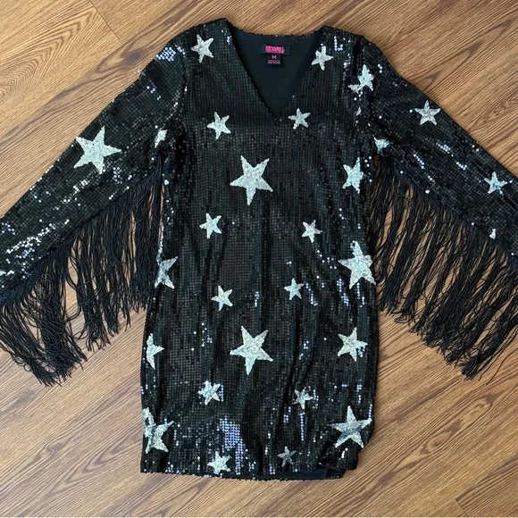 RRD Sequin Star Black Mini Dress with Fringe Sleeves - Picture 2 of 4